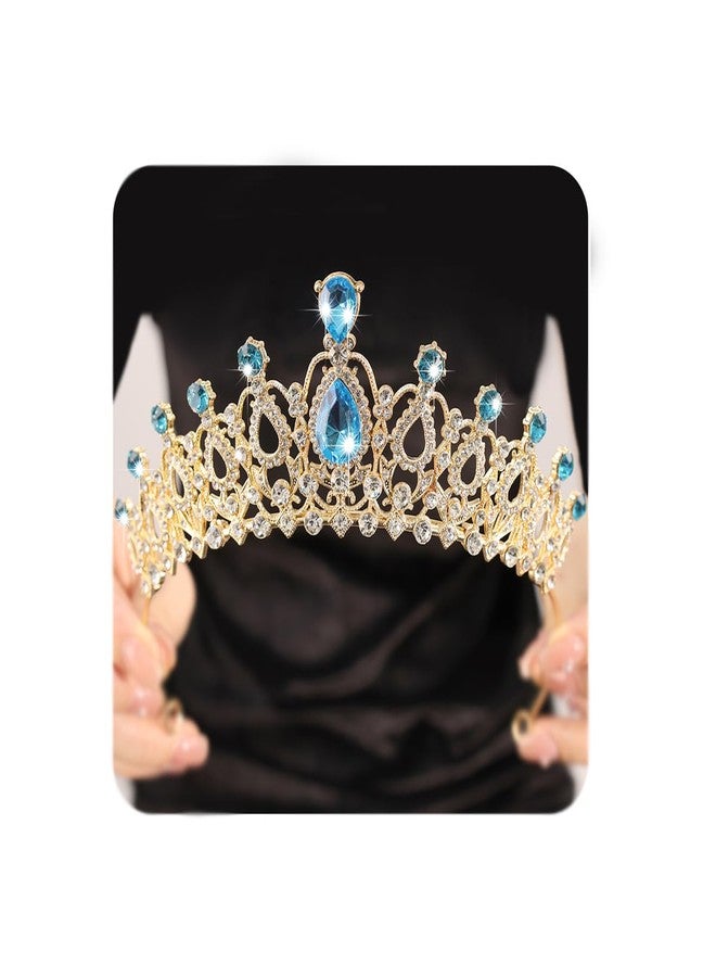 Rannyrena Crystal Wedding Tiaras and Crowns for Women Elegant Royal Queen Crown Sparkling Rhinestone Bridal Headbands Princess Quinceanera Headpieces for Birthday Prom Pageant Party (Gold-light blue) - Image 1